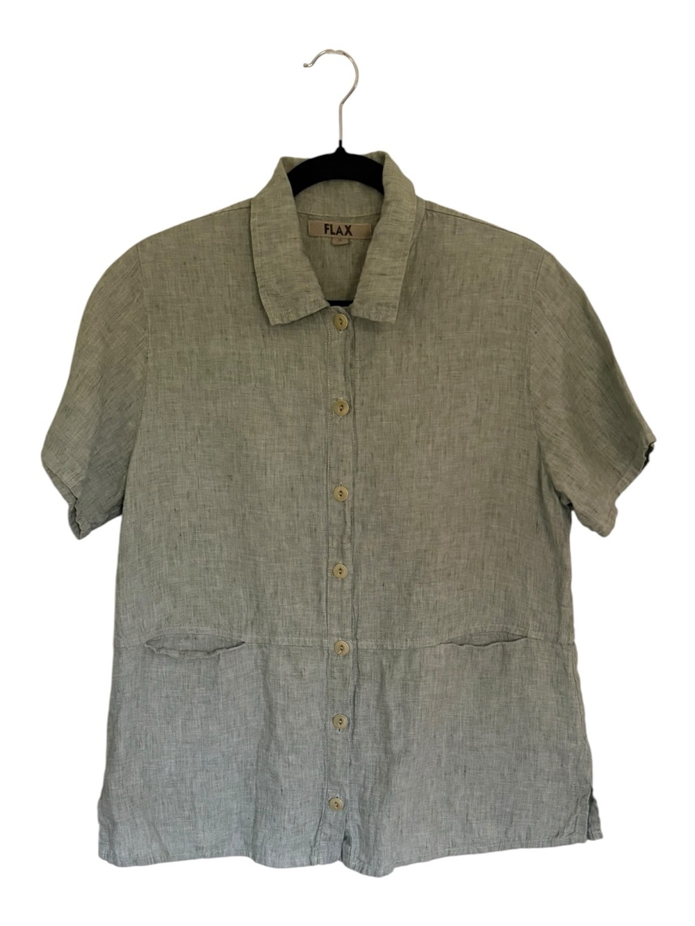 FLAX 100% Linen Button-Front Shirt Sage Green Relaxed Blouse | S